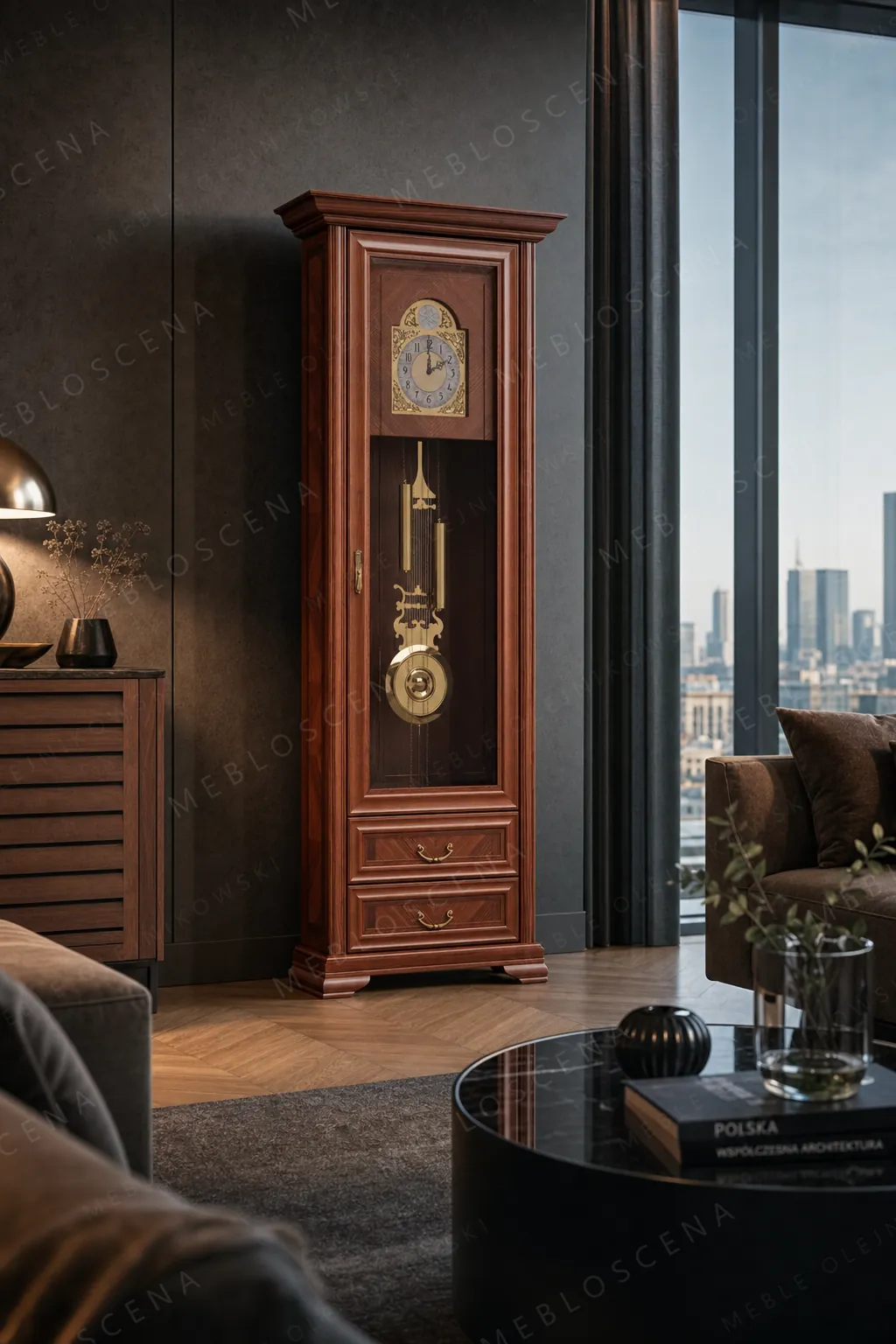 Zegar mechaniczny Milano MIL-11 w apartamencie z panoramą miasta
